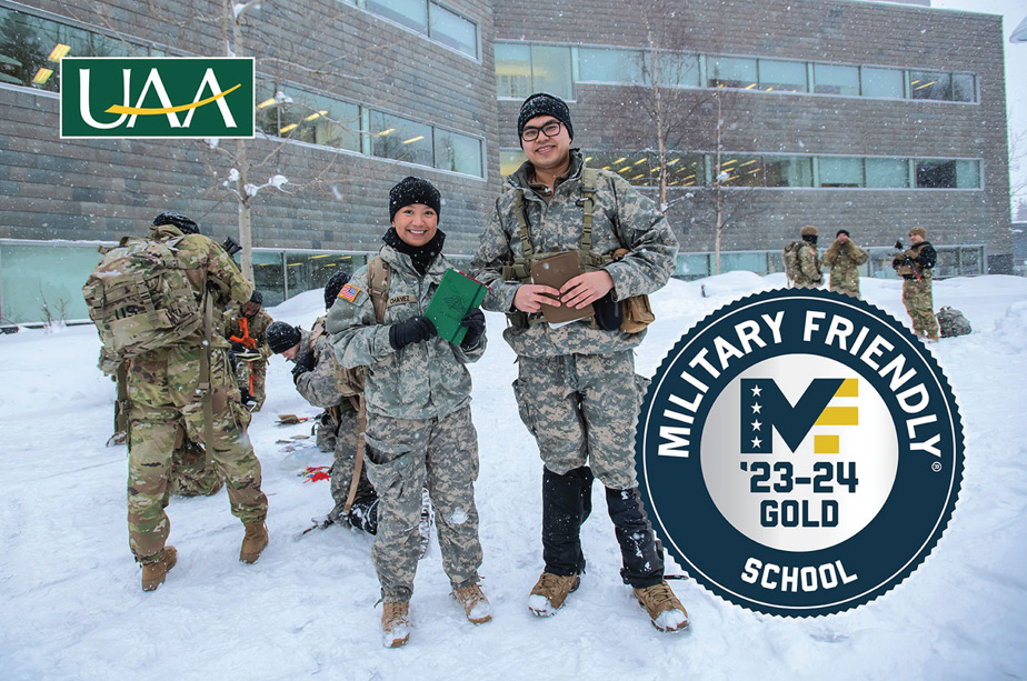 A few active duty students pose together for a quick snapshot on a snowy day