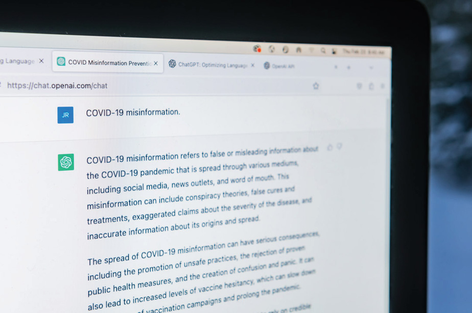 picture of laptop open with the search bar reading "covid-19 misinformation"