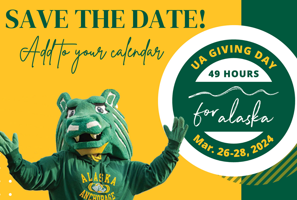 UAA's mascot with his arms raised on a green and yellow graphic that says, Save the date! Add to your calendar.