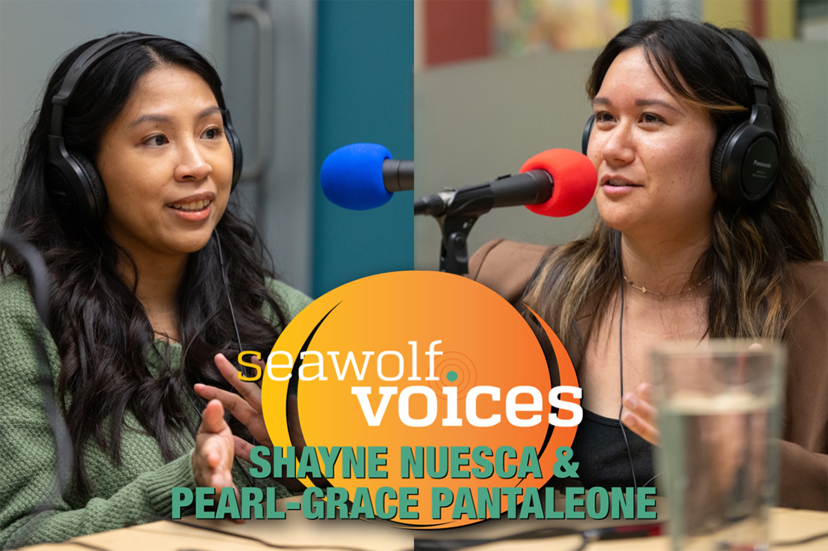 Two women talking into microphones with a graphic on top of the photo for Seawolf Voices