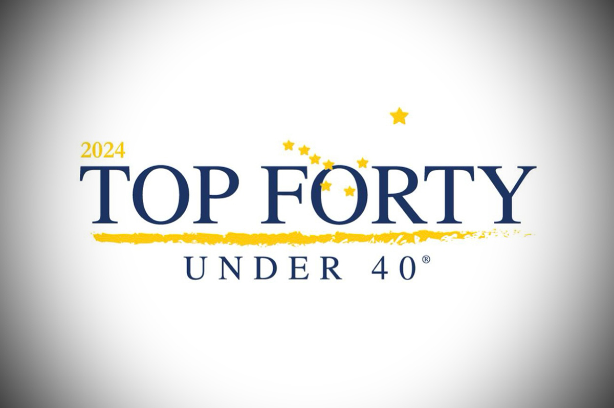 2024 Top Forty Under 40 typography logo in dark blue/gold with a little R symbol registered trademark floating above the numeral 40, eight small star shapes spread apart floating near the letter O in the word Forty, and the words Top Forty has a gold underline shape underneath it