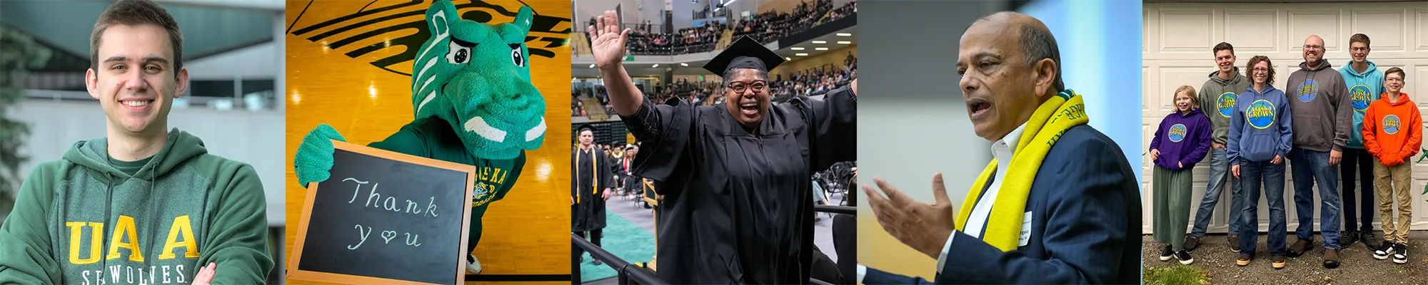 A collage of five images: (1) A young man wearing a UAA Seawolves hoodie smiling at the camera; (2) The UAA Seawolves mascot holding a chalkboard with "Thank you" written on it; (3) A graduate in cap and gown celebrating at a commencement ceremony; (4) A speaker wearing a yellow stole, gesturing during a speech; (5) A family of six wearing colorful "Alaska Grown" hoodies, standing in front of a garage door.