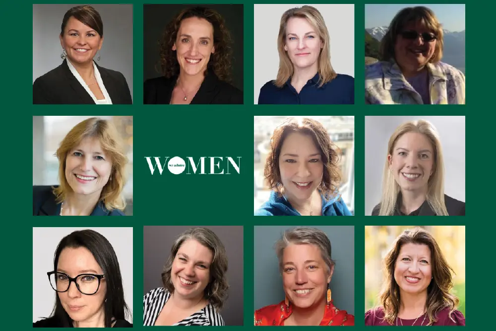 Dark green digital banner background of headshot images of 11 UAA female alumni individuals followed by some typography that reads we admire WOMEN