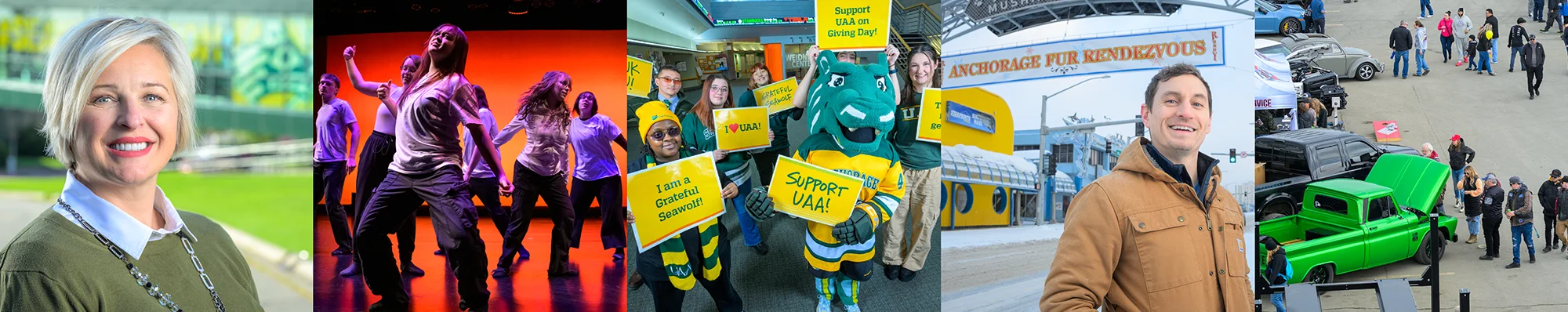 A collage of five images showing a professional woman, dancers on stage, students with the Seawolf mascot holding "Support UAA" signs, a man in winter gear, and an outdoor car show.