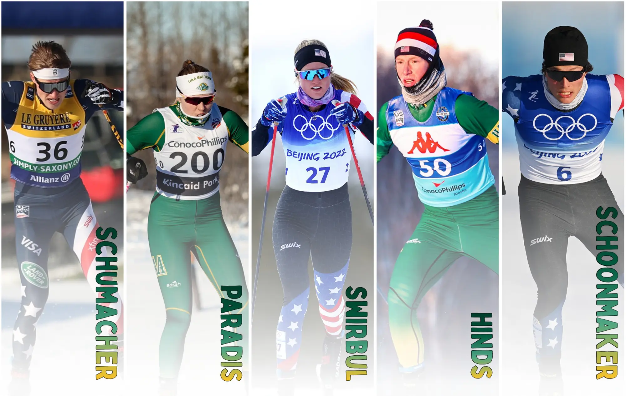Horizontal panel composite images featuring five individual cross-country skiers in action with their last names shown in a green and yellow gradient