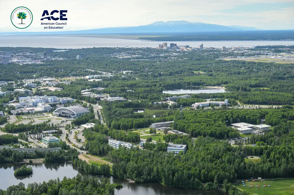 University of Alaska Anchorage (UAA) campus with two logos of American Council on Education and Carnegie Foundation Elective Classifications